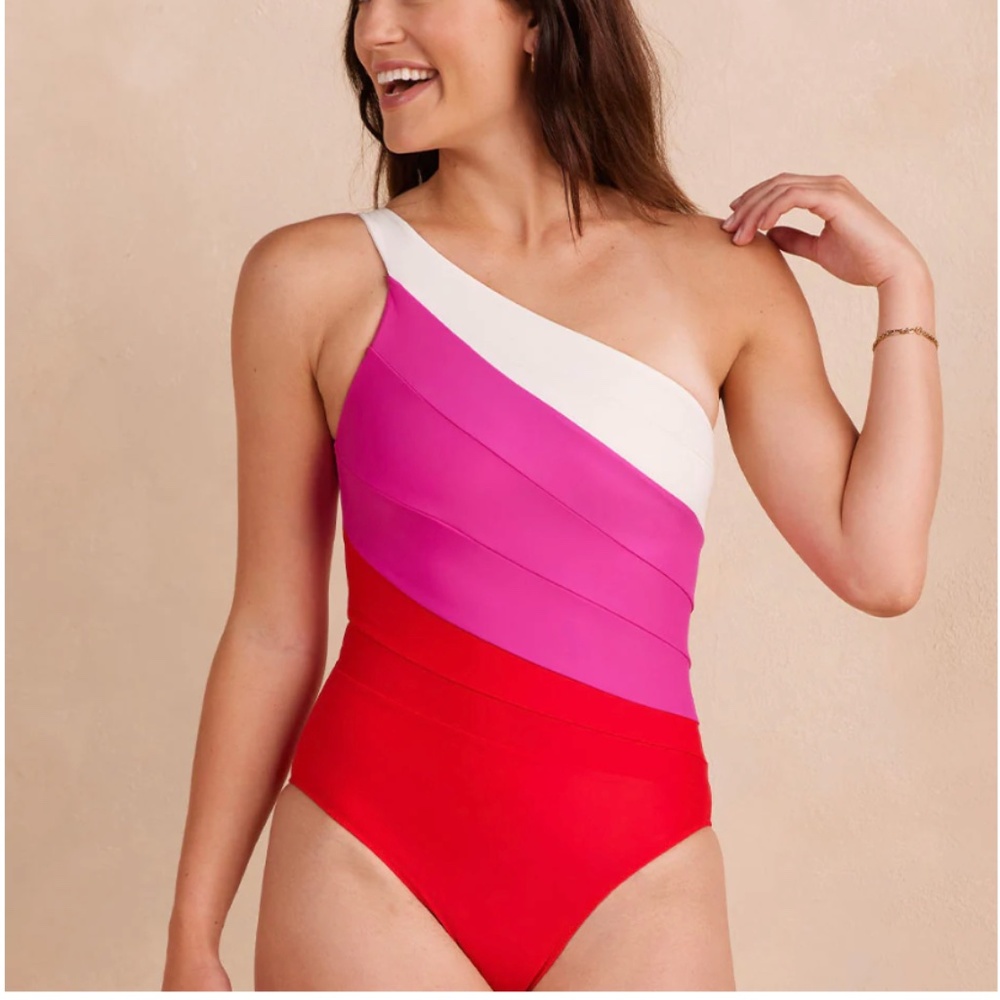 Summersalt One-Shoulder Colorblock One Piece - White, Pink, Red